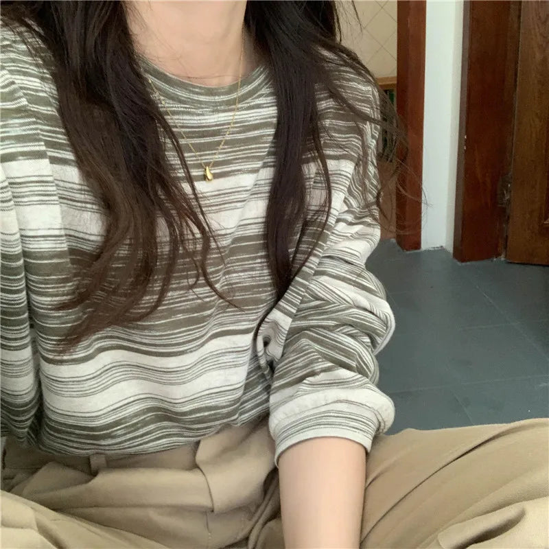 Women T-Shirt Lady Autumn Vintage Striped Long-Sleeve Top T-Shirt Girls Student Crew Neck Top Loose Casual Long-Sleeve T-Shirt