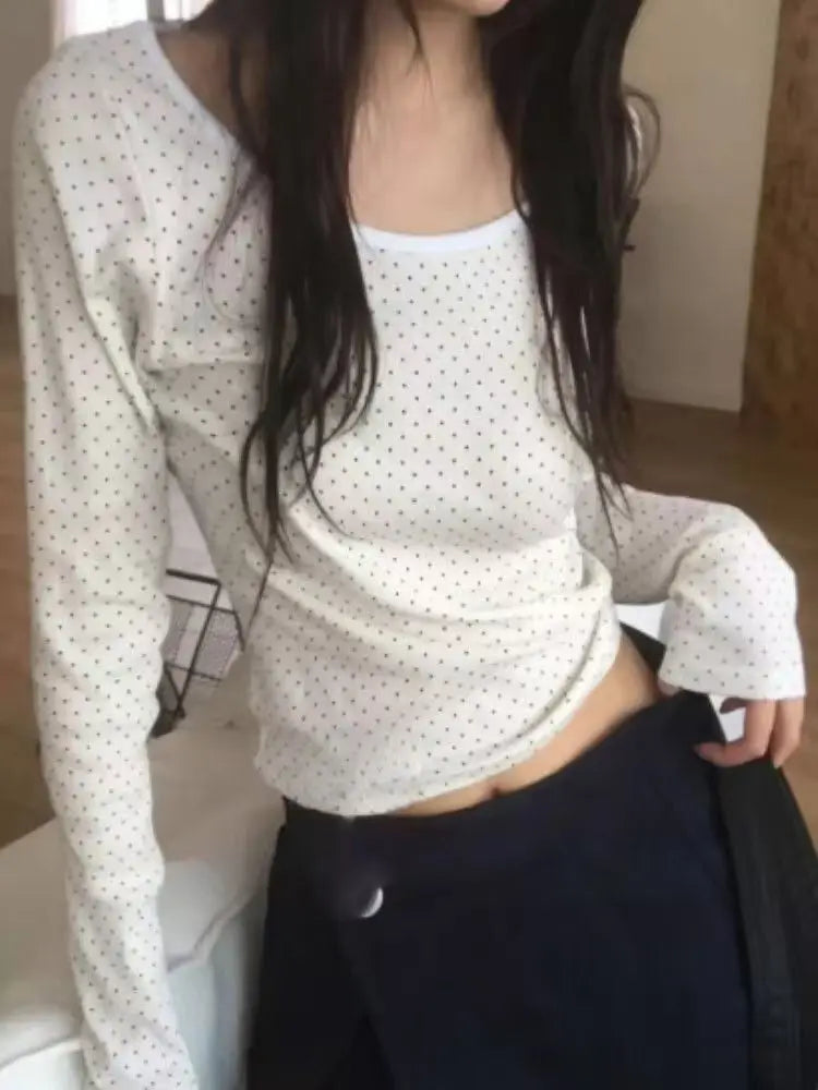 Deeptown Korean Style Polka Dot T-shirts Women Sweet Cute Long Sleeve White Tops Casual Kawaii Vintage Y2k T-shirt Basic Classic