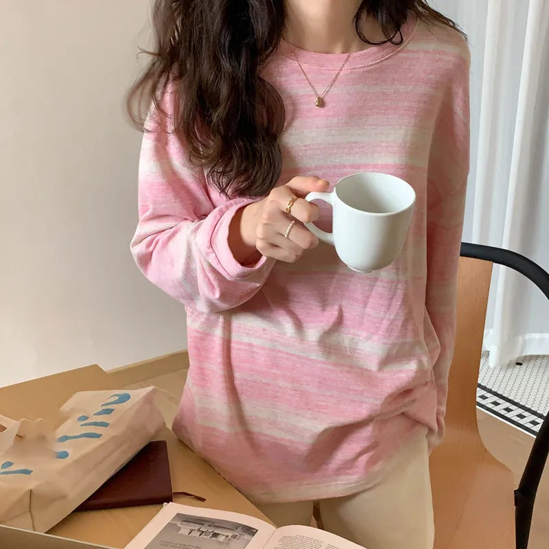 Women T-Shirt Lady Autumn Vintage Striped Long-Sleeve Top T-Shirt Girls Student Crew Neck Top Loose Casual Long-Sleeve T-Shirt