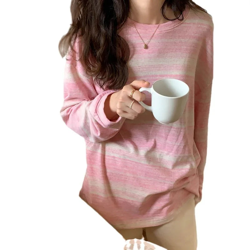 Women T-Shirt Lady Autumn Vintage Striped Long-Sleeve Top T-Shirt Girls Student Crew Neck Top Loose Casual Long-Sleeve T-Shirt