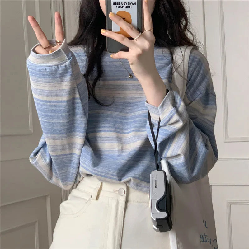 Women T-Shirt Lady Autumn Vintage Striped Long-Sleeve Top T-Shirt Girls Student Crew Neck Top Loose Casual Long-Sleeve T-Shirt