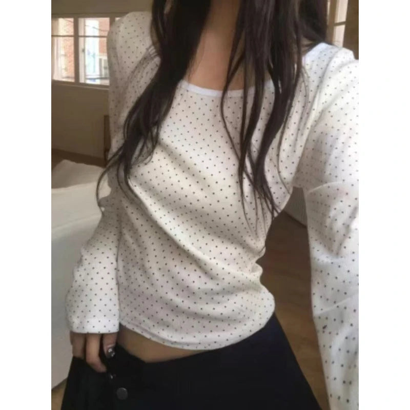 Deeptown Korean Style Polka Dot T-shirts Women Sweet Cute Long Sleeve White Tops Casual Kawaii Vintage Y2k T-shirt Basic Classic