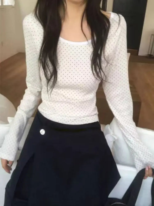 Deeptown Korean Style Polka Dot T-shirts Women Sweet Cute Long Sleeve White Tops Casual Kawaii Vintage Y2k T-shirt Basic Classic